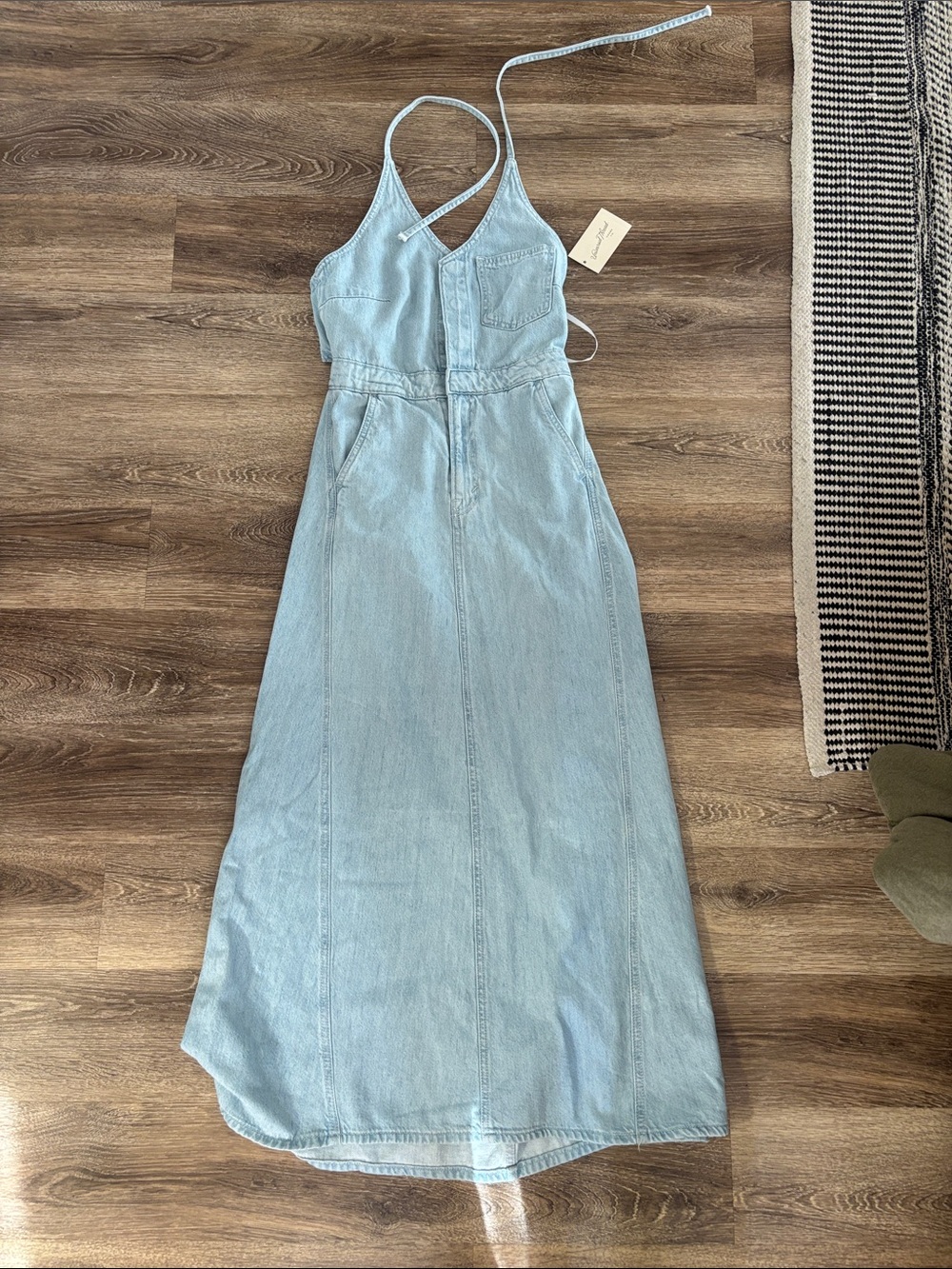 Universal Thread Light Blue Denim Halter Maxi Dress with Chest Pocket